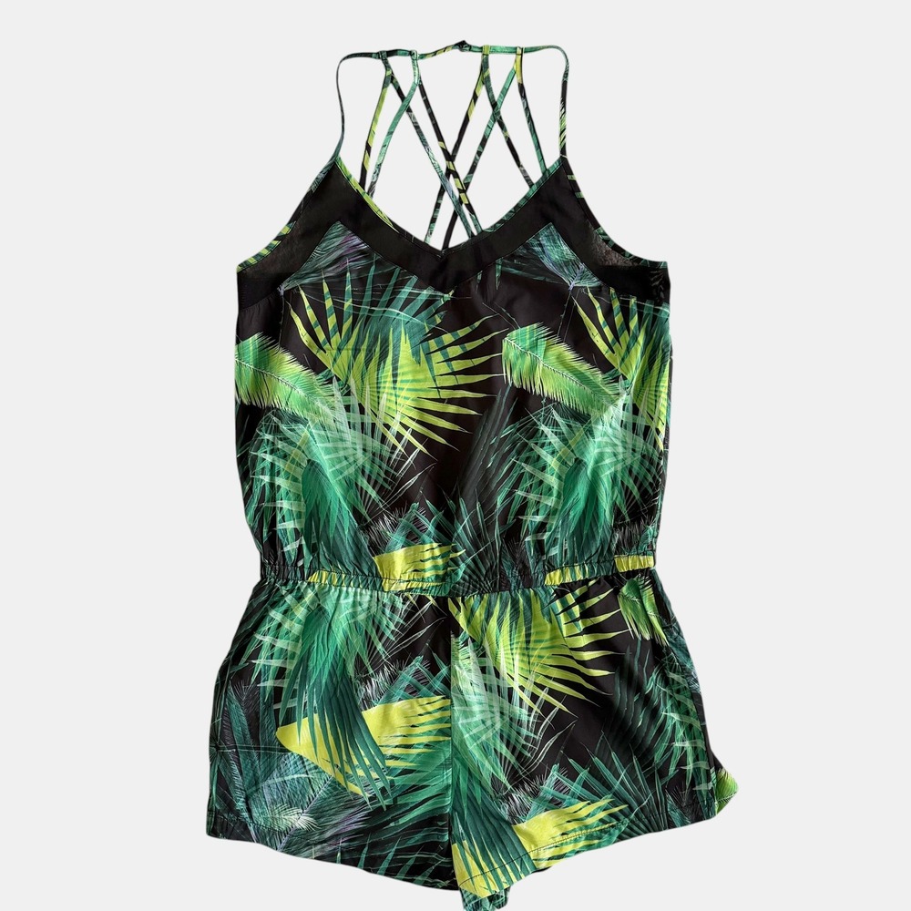Fabletics NWT Dash Romper Womens Medium Tropical Rainforest Palm Print Strappy